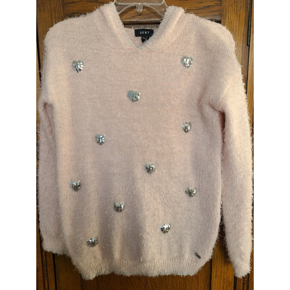 DKNY Womens Pink Fuzzy Eyelash Knit Sequin Heart Hoodie Sweater XL Z71968DG